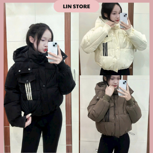 Áo Phao Nữ Dáng Ngắn Có Mũ Túi Ngực Trước Kẻ Sọc Tay Bo Chun Áo Khoác Phao Nữ Có Dây Rút Dưới Áo Phao Béo Mùa Đông