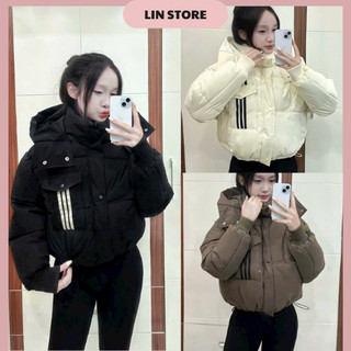  Áo Phao Nữ Dáng Ngắn Có Mũ Túi Ngực Trước Kẻ Sọc Tay Bo Chun Áo Khoác Phao Nữ Có Dây Rút Dưới Áo Phao Béo Mùa Đông 