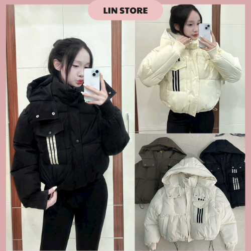 Áo Phao Nữ Dáng Ngắn Có Mũ Túi Ngực Trước Kẻ Sọc Tay Bo Chun Áo Khoác Phao Nữ Có Dây Rút Dưới Áo Phao Béo Mùa Đông | BigBuy360 - bigbuy360.vn