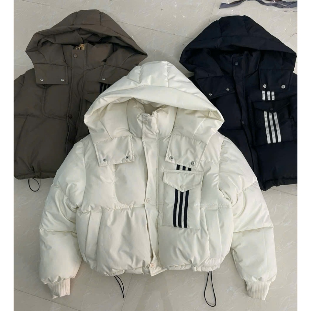 Áo Phao Nữ Dáng Ngắn Có Mũ Túi Ngực Trước Kẻ Sọc Tay Bo Chun Áo Khoác Phao Nữ Có Dây Rút Dưới Áo Phao Béo Mùa Đông | BigBuy360 - bigbuy360.vn