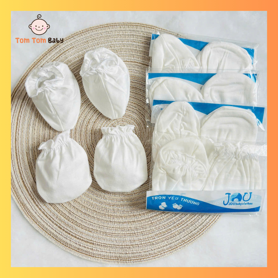 Set 5 Đôi Bao Tay, Bao Chân Sơ Sinh Thun Lạnh JOU cho bé trai, bé gái - Bo chun Trắng