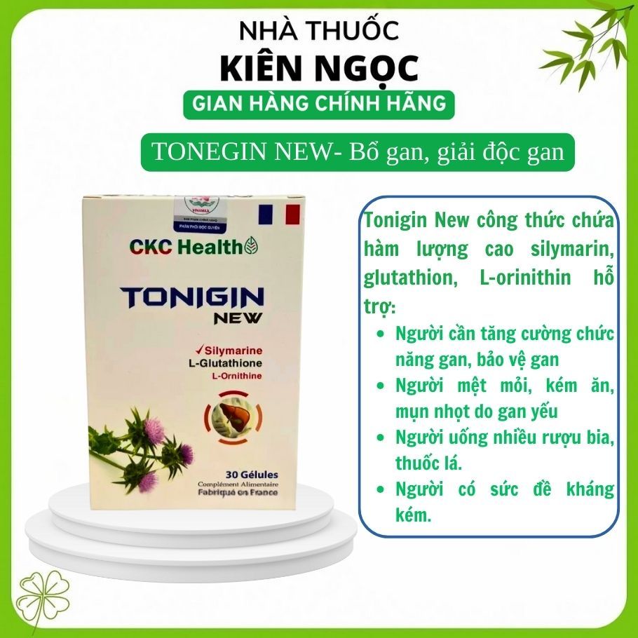Viên uống bổ gan Tonigin New, L-Glutathion, Silymarin kế sữa, L-Ornithin Hộp 60v Nhập Khẩu Pháp