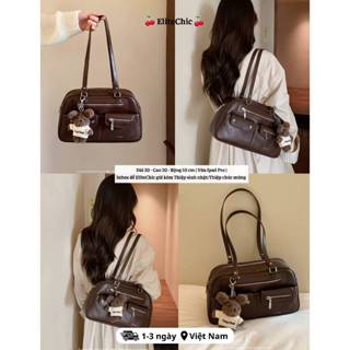  🍒Chio'2nd🍒Sẵn Túi đeo vai nữ chubby bag nhiều ngăn khóa kéo hiện đại kèm charm gấu bông dễ thương đi học đi làm 