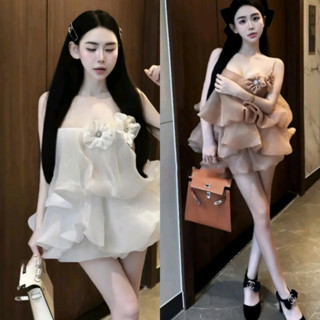 Đầm babydoll hai dây voan bèo tầng xinh đính hoa phong cách tiểu thư dễ thương cho nữ đi chơi dự tiệc sang trọng