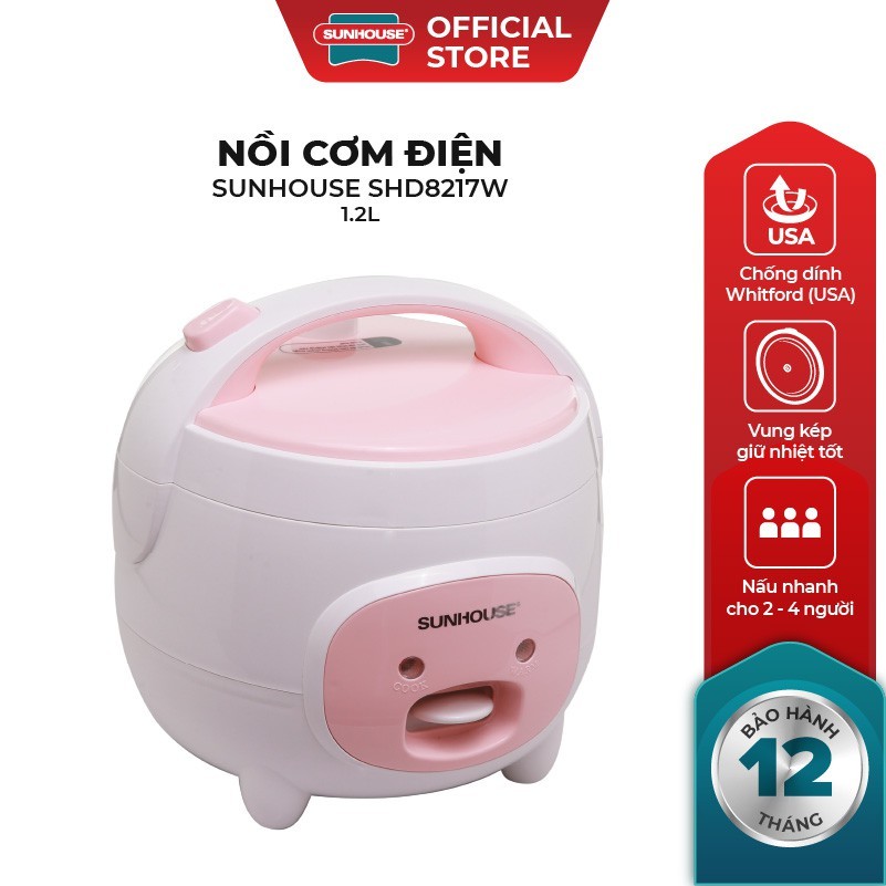 Nồi cơm điện mini SUNHOUSE 1.2L SHD8217W - Giữ nhiệt tốt - Bảo hành chính hãng 12 tháng
