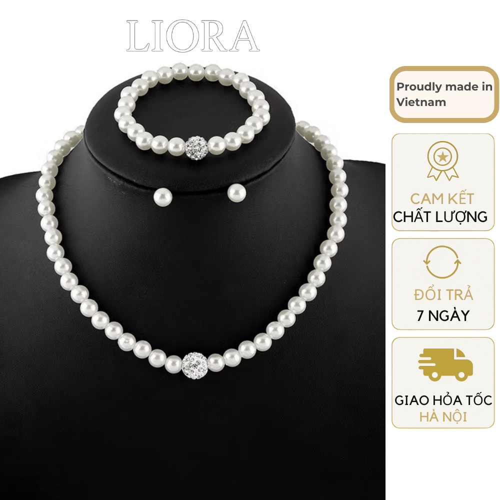 Bộ Trang Sức Vòng Cổ Vòng Tay, Khuyên Tai Ngọc Trai Nhân Tạo Đính Đá | Phụ Kiện Phối Áo Dài, Đi Tiệc Sang Trọng
