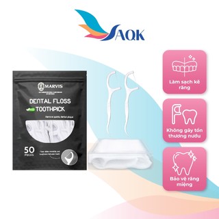 Tăm nha khoa Marvis Dental Floss Toothpick (50 cái) - Dụng cụ kết hợp chỉ nha khoa và đầu tăm giúp làm sạch kẽ răng