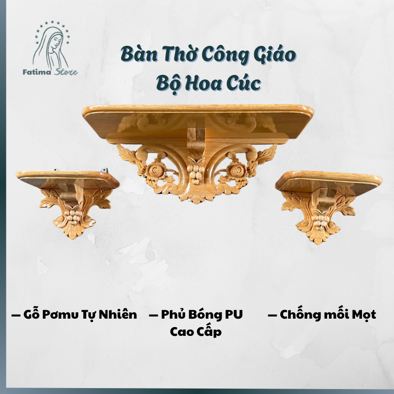 Bàn Thờ Công Giáo 3 Bệ Rời Hoa Cúc Gỗ Pơmu | Bàn Thờ Gỗ Cao Cấp Trang Trí Thờ Phượng