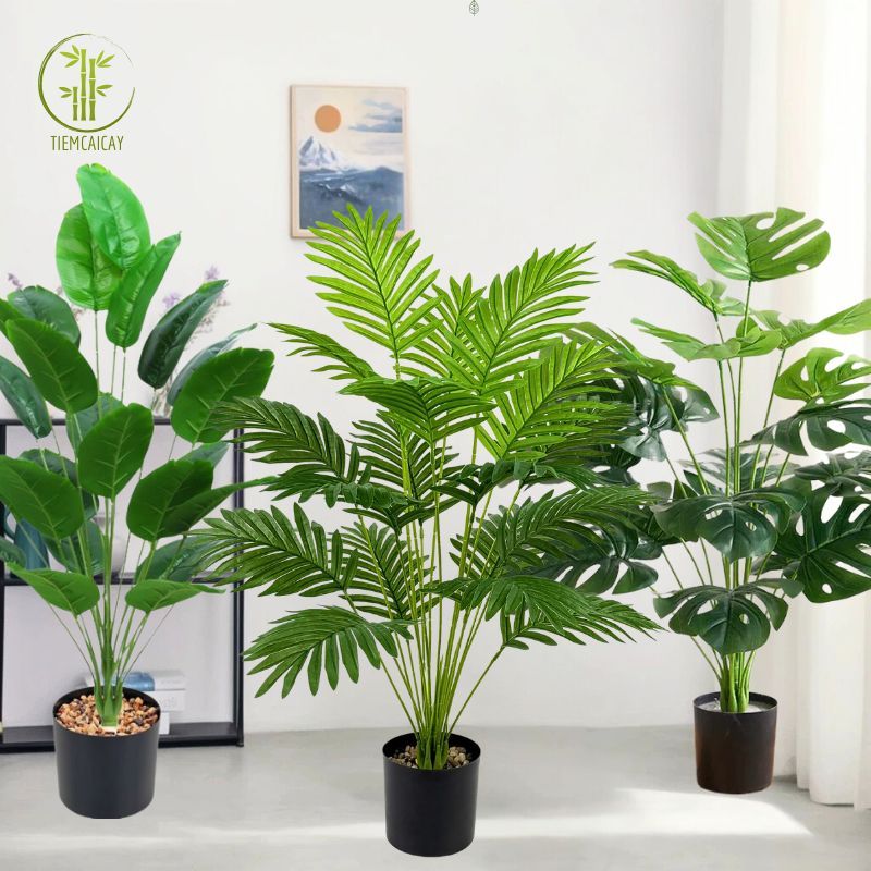 Cây Giả Trang Trí Cao Cấp Giống Thật Cao 65-85-120cm, Cây Trầu Bà, Cau, Chuối,Cọ Khoai Môn Decor Nhà