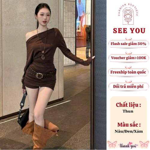  Set đồ nữ hot girl dạo phố cá tính See You áo dài tay lệch vai phối quần sooc giả váy ôm body tôn dáng kèm đai lưng 