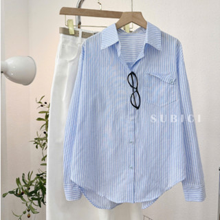  Áo Sơ Mi Kẻ Sọc Nữ Túi Kiểu Lật Basic Form Rộng Vừa <65kg Chất Đũi Xịn Mềm Mát A1152 | SUBICI 