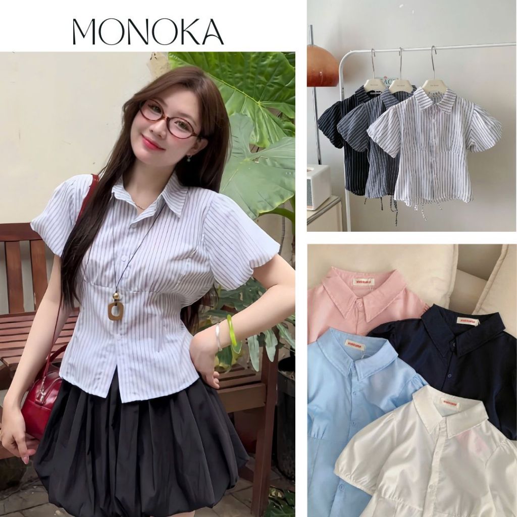 Áo sơ mi nữ tay phồng chiết eo dáng ngắn có cổ Áo kiểu nữ cộc tay nhiều màu đi học đi làm công sở tr