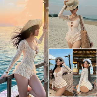  Bikini bodysuit ren liền thân dài tay bèo tầng sang chảnh kín đáo 