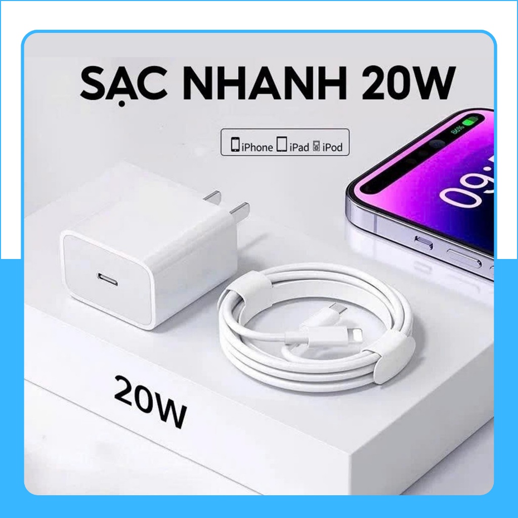 Bộ Củ Cốc Sạc Nhanh PD 20W Chính Hãng Không Nóng, An Toàn Ổn Định, Kèm Dây Sạc, Chống Đứt - Cho IP 8