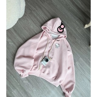  Áo khoác hoodie form rộng ,áo Sweater nỉ dài tay có mũ thêu nơ in hình kitty chất nỉ mềm phong cách Ulzzang 