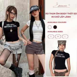  Áo baby tee ôm body thắt eo tay ngắn mỏng dáng dài in chữ lấp lánh PHOENIX.STORE 