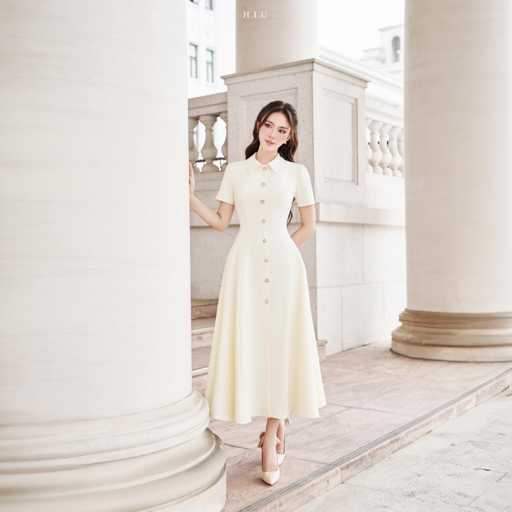 Lona Dress | Váy nữ cổ đức thiết kế 7 Mảnh H.I.U Fashion | đầm text chun hàn khuy ngọc sang trọng cao cấp HIU design