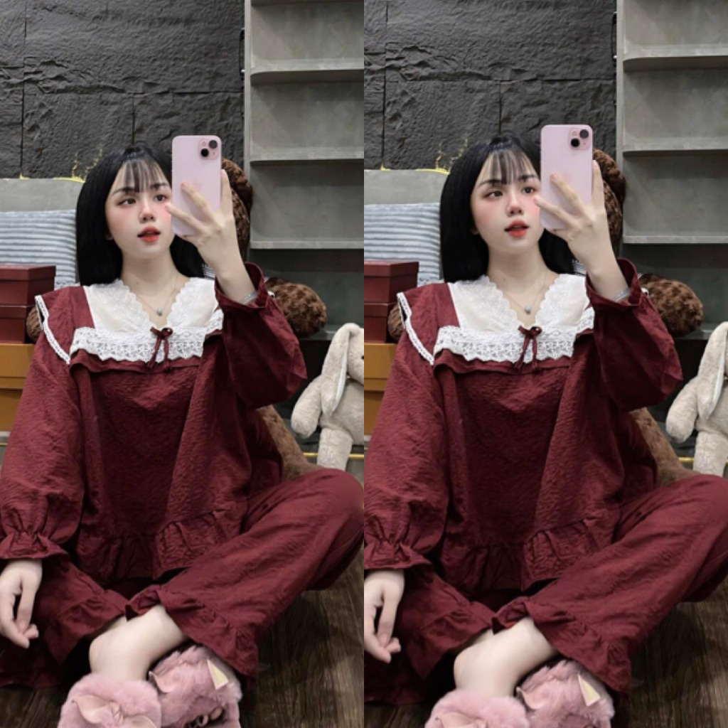 Set Bộ Ngủ Pijama Nữ , Bộ Ngủ Vải Đũi Cổ V Ren Xinh