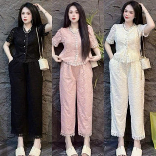  Sét Bộ REN Chất Vải Mềm Áo Tay Ngắn Núc Cài Quần Dài Bagy 