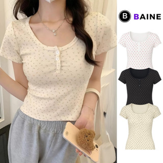 Áo Thun TAY NGẮN DÁNG DÀI HỌA TIẾT HOA NHÍ Cổ Vuông Đính Nút Nữ DD59, Áo Babytee Chất Thun Gân Ôm Body Kiểu In BAINE