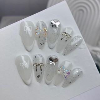  L3017 Nail Box Móng Tay Giả Thiết Kế Trắng Sữa Lấp Lánh Phối Nơ 3D Độc Đáo Phong Cách Sang Trọng 