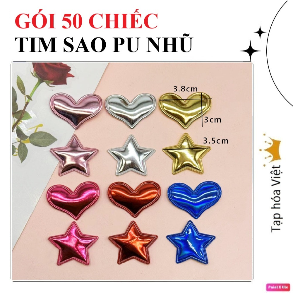 (không que) Gói 50 CHIẾC PHÔI Tim Sao da PU, kim tuyến trang trí bánh, làm quà thủ công