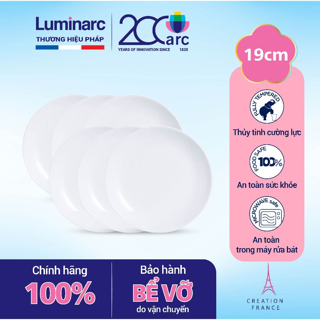Bộ 6 đĩa (dĩa) thủy tinh Luminarc Diwali 19cm N3603*6, dùng lò vi sóng, máy rửa bát, Hàng chính hãng