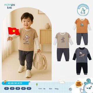 Đồ bộ bé trai Mompa dài tay 1-5 tuổi vải Cotton Actif co giãn thoáng khí nhanh khô 0097