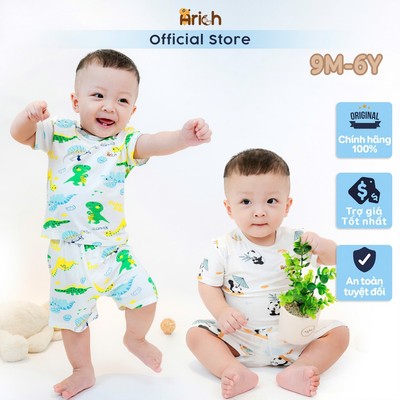 Bộ cộc tay trẻ em cao cấp Arich. thiết kế cài vai, petit sợi tre in họa tiết ,cho bé trai, bé gái size 9M-6y