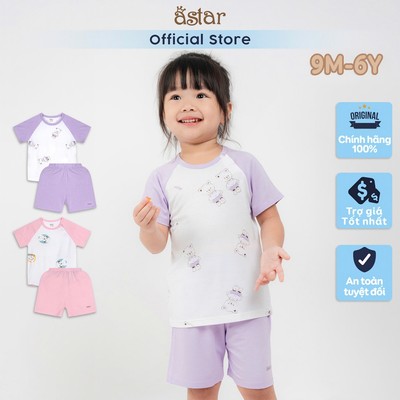 Bộ cộc tay cho bé gái, thương hiệu  ASBABY vải petit cotton rayon phối hoạ tiết mới cho bé gái 9 tháng đến 6 tuổi