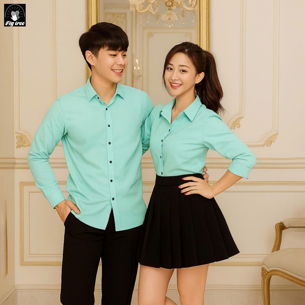 Áo Sơ Mi Cặp Fig Tree Xanh Bạc Hà Cổ Bẻ Thời Trang