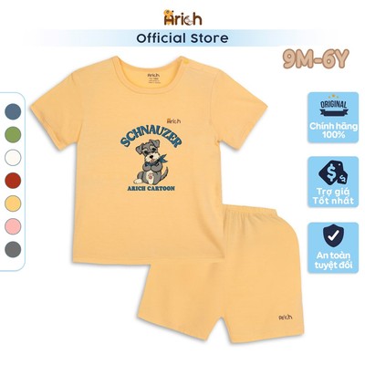 Bộ cộc tay trẻ em in Cún Xám Arich , đồ bộ cộc tay cho bé trai bé gái, vải petit sợi tre, mềm, mịn, mát, size 9M-6Y