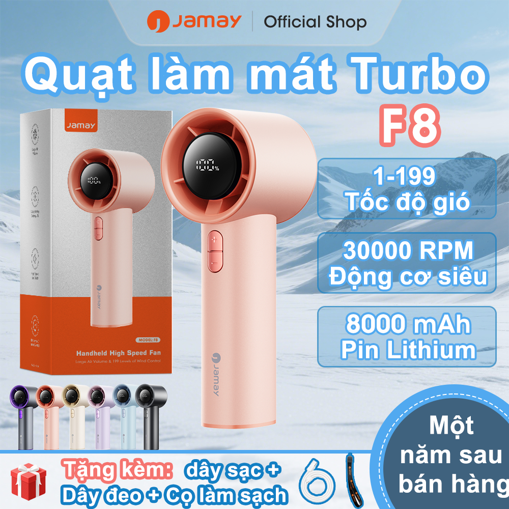 JAMAY Quạt mini cầm tay 199 tốc độ gió mini quạt di động màn hình LED hiển thị tích điện pin 8000mAh