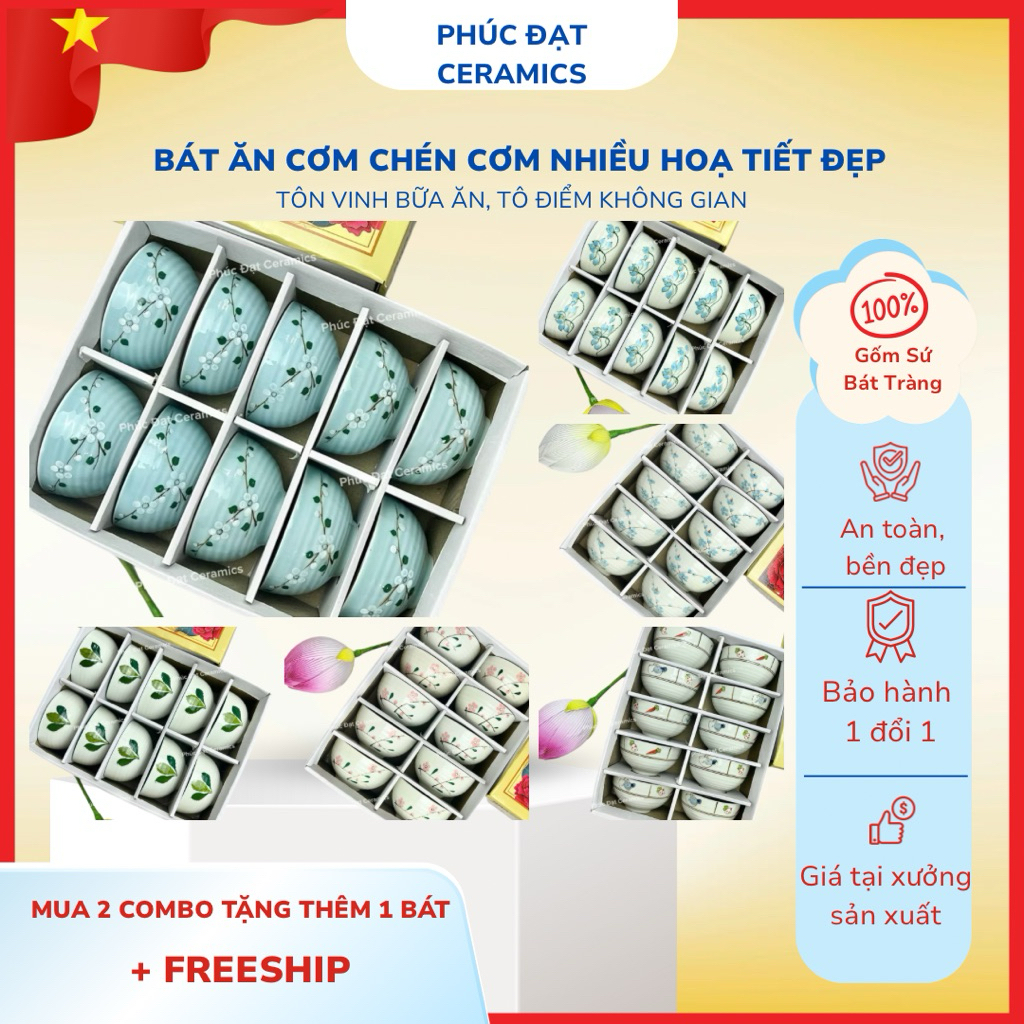 Bát ăn cơm chén ăn cơm gốm sứ Bộ bát đĩa decor Gốm Phúc Đạt