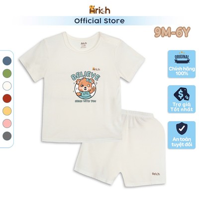 Bộ cộc tay bé gái cài vai Arich vải sợi tre in Gấu Nâu cho bé từ 9 tháng đến 6 tuổi
