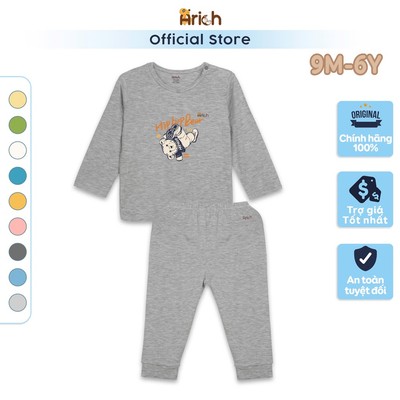 Bộ dài tay cài vai vải sợi tre in Gấu Hiphop Arich mềm mát cho bé trai, gái từ 6 tháng đến 6 tuổi