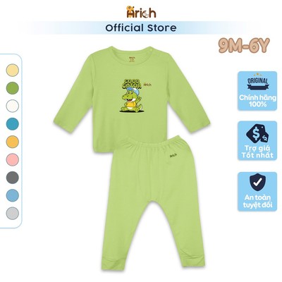Bộ dài tay cài vai trẻ em mùa hè Arich, vải peti sợi tre, in Cá Sấu Arich, mềm mát cho bé trai, gái size 9M-6 tuổi