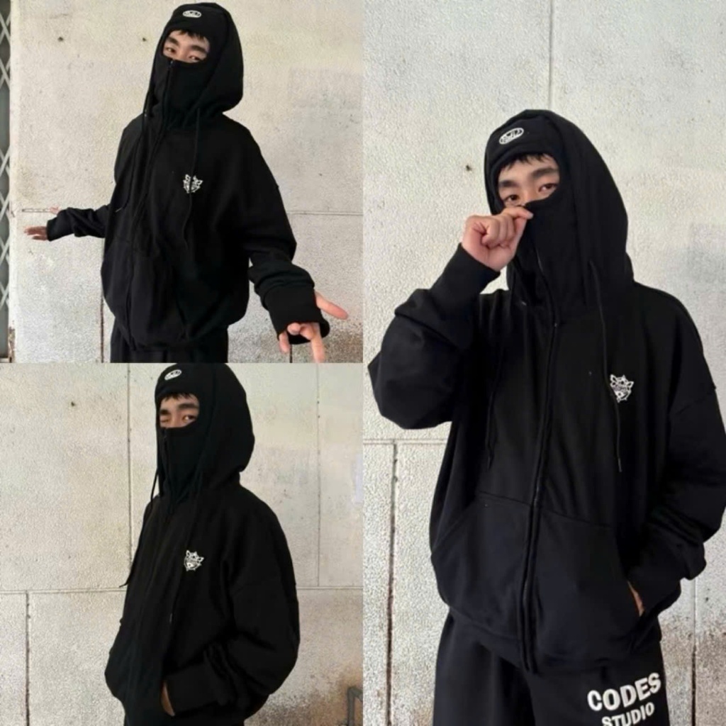 ÁO Khoác Nỉ Hoodie Zip Boxy Balaclava Ninja 2 Mũ GOPYA Thiết Kế Trùm Đầu Form Rộng Nam Nữ Dài Tay Chất Nỉ Dày Dặn