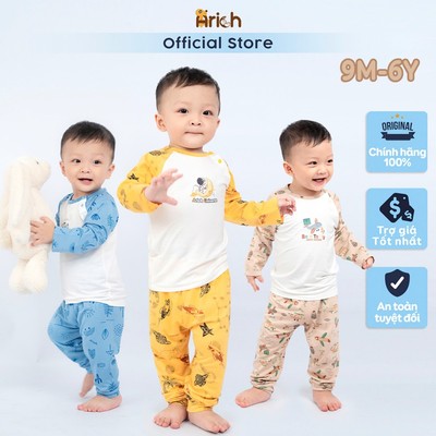 Bộ dài tay trẻ em Arich phối hình, vải sợi tre petit, mềm mát thấm hút mồ hôi, size 9m đến 6 tuổi