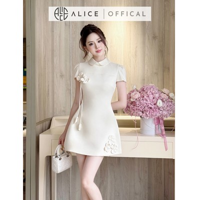 Váy Tiểu Thư Cao Cấp Alice Chất Chéo Rubi Lót Lụa, Đầm Ngắn Liền Chữ A Cổ Trụ Phối Bo Tròn Đính Hoa Nổi V1405