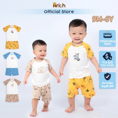 Bộ cộc tay cài chéo Arich vải sợi tre họa tiết đáng yêu cho Bé size từ 9 tháng- 6 tuổi