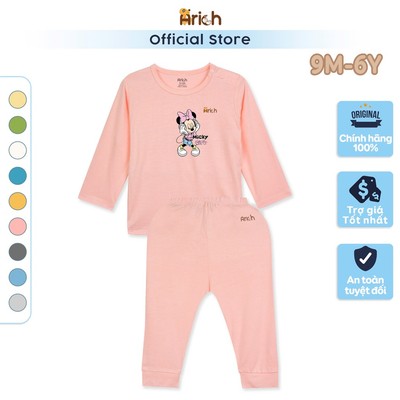 Bộ dài tay bé gái in Mickey, thương hiệu Arich, vải sợi tre mềm mát cho bé trai, gái từ 6M đến 6 tuổi