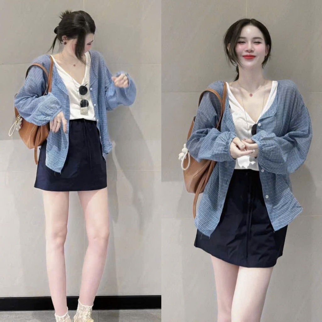 (Set 3 Món): Áo Khoác Kẻ Xanh Tay Phồng+ Áo Thun 3 Lỗ + Chân Váy Kaki Dáng Chữ A Siêu Xịn Chuẩn Mẫu-