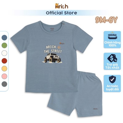 Bộ cộc tay cài vai trẻ em Arich,mùa hè,  vải sợi tre in Xe cho bé trai, bé gái từ 9 tháng đến 6 tuổi