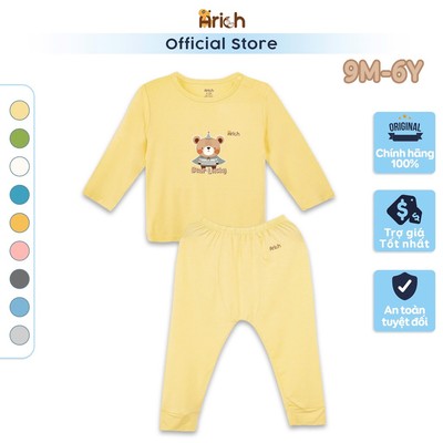 Bộ dài tay cài vai in Bear Lucky Arich, đồ bộ dài tay mùa hè cho bé, vải sợi tre mềm mát cho bé trai, gái , size 9M-6Y