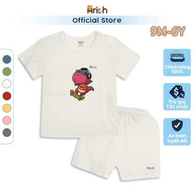 Bộ cộc tay trẻ em mùa hè,vải sợi tre Arich, in Khủng Long Đỏ size 9 tháng đến 6 tuổi