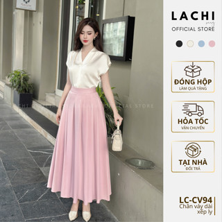   TẶNG KHĂN LỤA  Chân váy xòe xếp ly công sở LACHI dáng dài 90cm cạp cao tôn dáng che bụng bigsize có túi LC-CV94 
