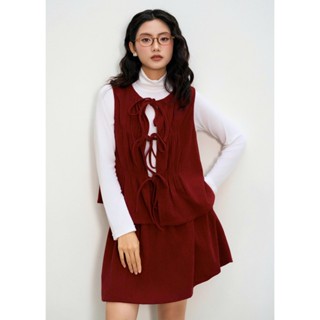  Áo Gile Nơ Và Chân Váy Nhung Tăm Xòe Premium Nữ MEDELEN Phong Cách Vintage Nơ Trước Ngực 