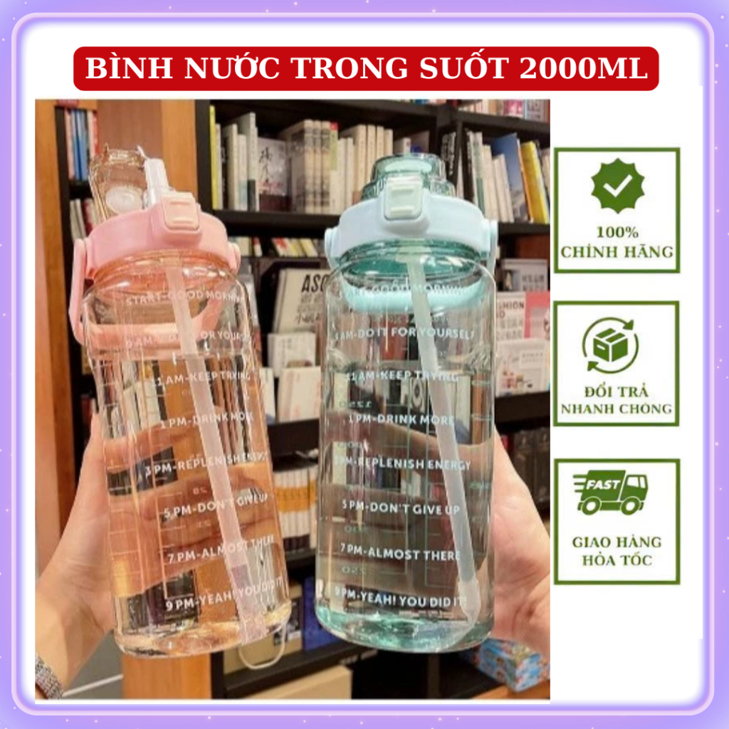 Bình nước chia vạch dung tích 2 lít dành cho người lười uống nước, vạch chia nhắc giờ