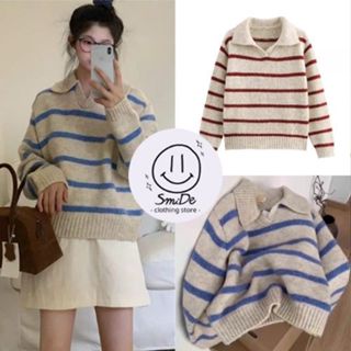  Áo Len Dệt Kim Dài Tay Cổ Bẻ Kẻ Sọc Phong Cách Hàn Quốc Thời Trang Thu Đông Mới Cho Nữ Chui Đầu Cổ Polo| Smide Clothing 